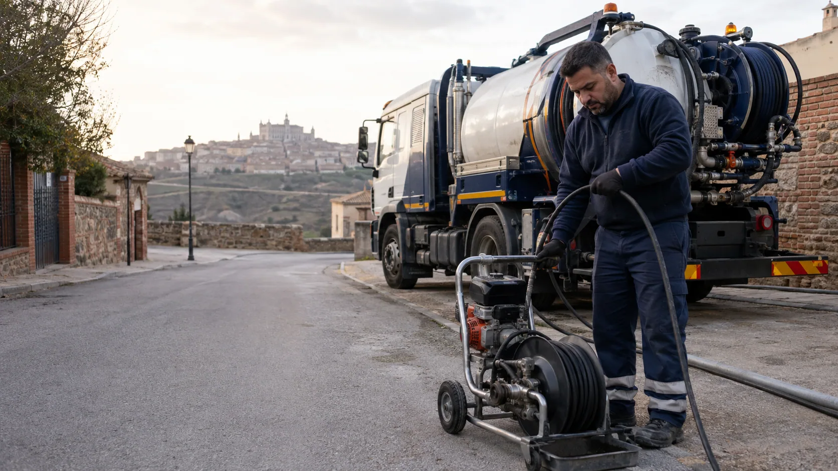 Técnico de desatascos preparando el equipo junto a un camión cuba en Toledo